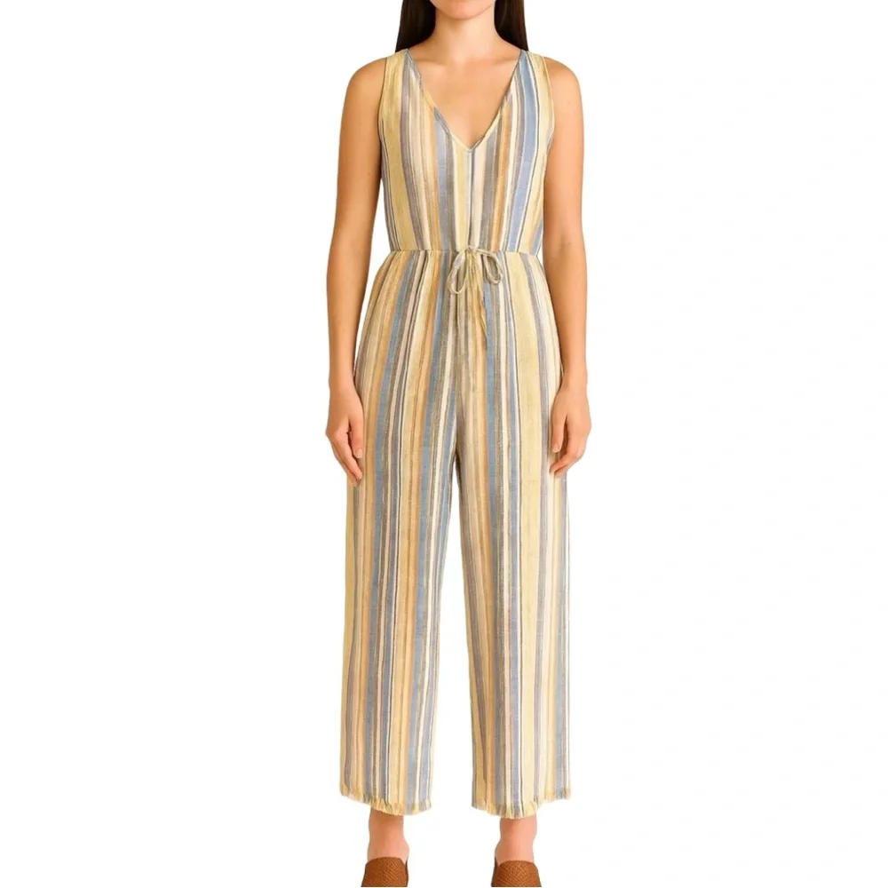 DREW | ANTHROPOLOGIE Linen Cotton Striped Wide Leg Frayed Hem Jumpsuit Medium - Picture 2 of 15